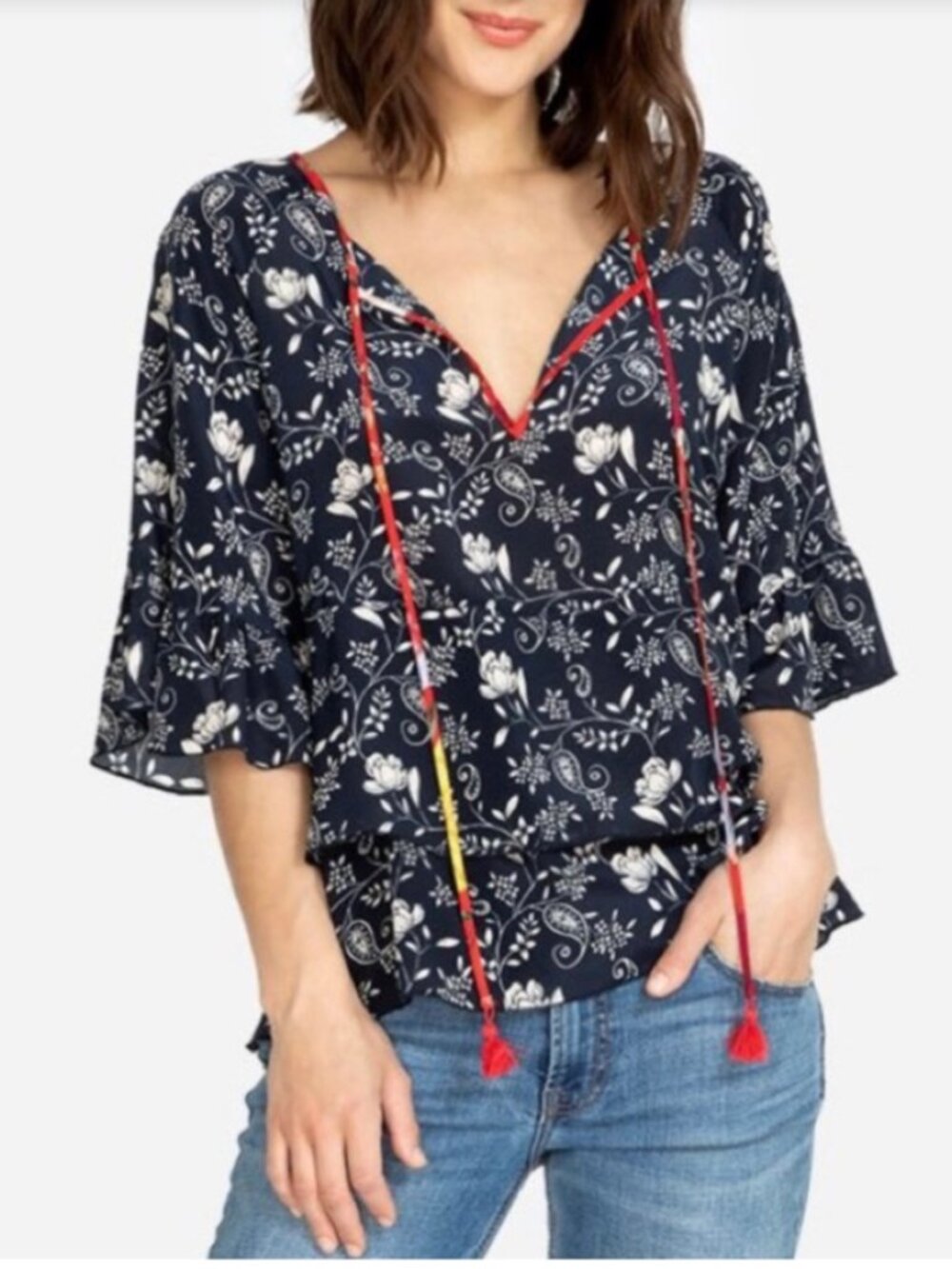 Jade by Johnny Was Navy Floral Peasant Blouse with Tie Neck and Ruffled Sleeves